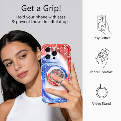 Sweet Freedom 250 patriotic watercolor MagSafe phone grip ring with swirling red white and blue pattern and white stars compatible with iPhone and Samsung