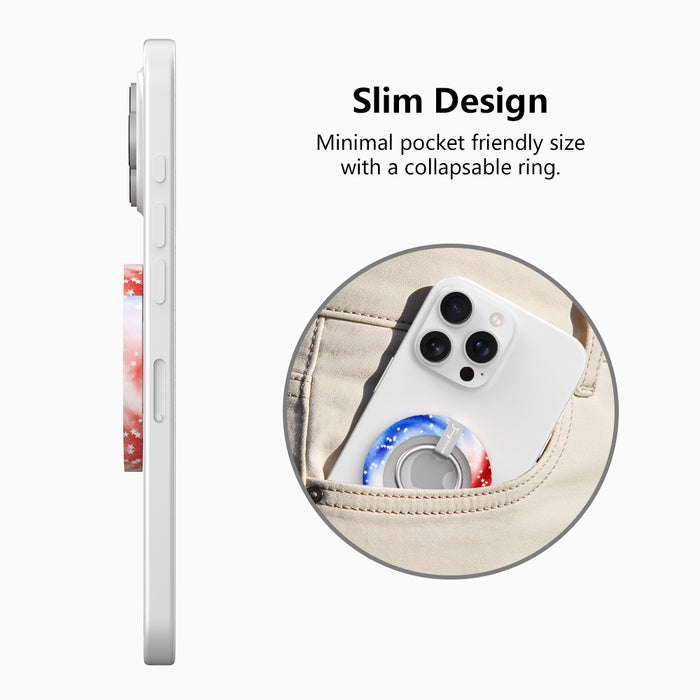 Sweet Freedom 250 patriotic watercolor MagSafe phone grip ring with swirling red white and blue pattern and white stars compatible with iPhone and Samsung