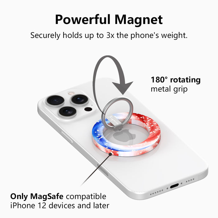Sweet Freedom 250 patriotic watercolor MagSafe phone grip ring with swirling red white and blue pattern and white stars compatible with iPhone and Samsung