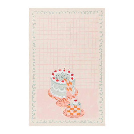 Tea towel with a cake design on a pink grid background