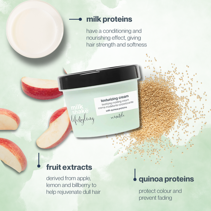milk_shake  Texturizing cream jar with ingredients and benefits on a light green background