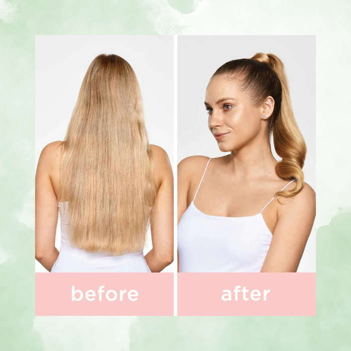 Before and after comparison of a woman with long blonde hair styled in a ponytail using milk_shake