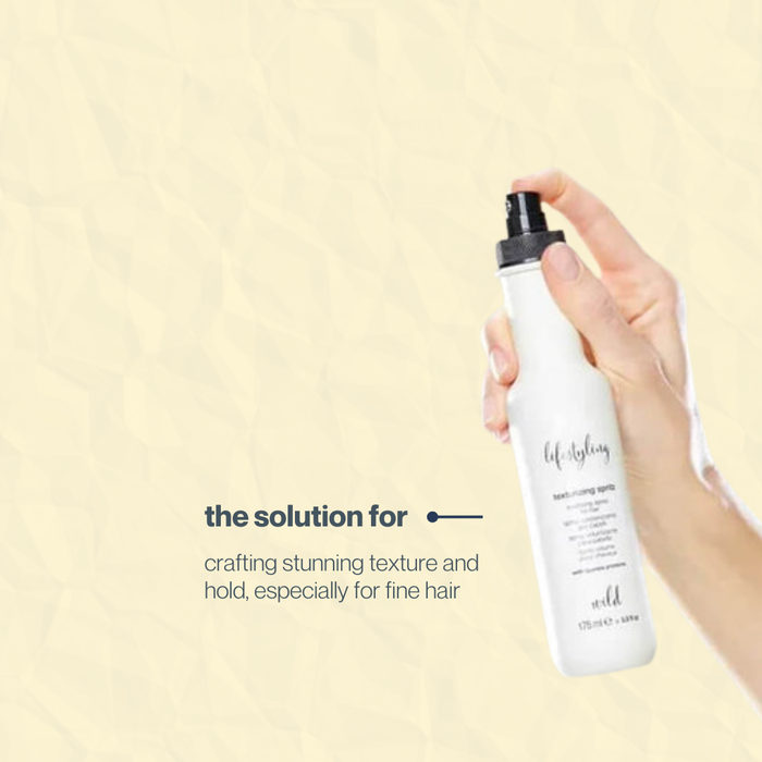 Hand holding a bottle of milk_shake hair spray with text on a beige background