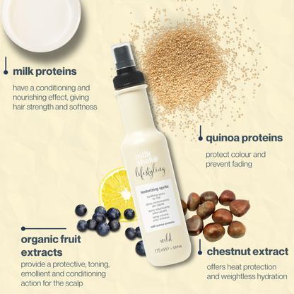 milk_shake Hair care product with ingredients and benefits on a beige background