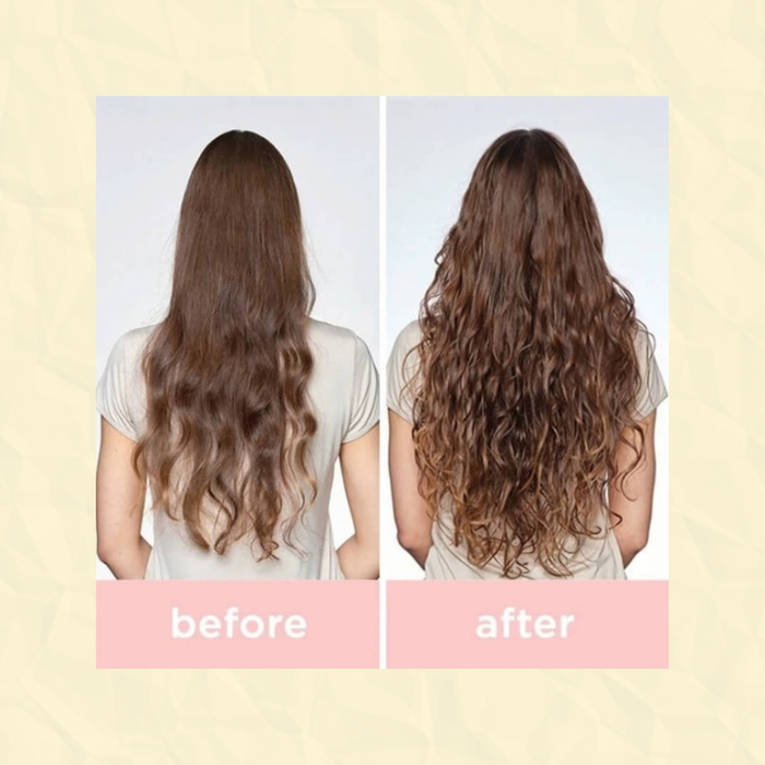 Before and after comparison of long, wavy hair on a person against a light yellow background. milk_shake