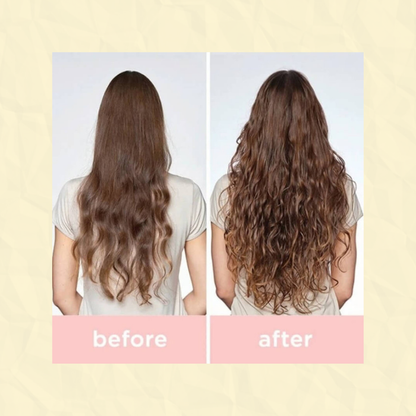 Before and after comparison of long, wavy hair on a person against a light yellow background. milk_shake
