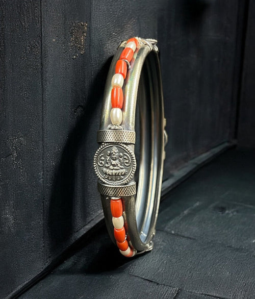 The Anagha Silver Lakshmi Coral & Pearl Bangle-Single (Oxidised/Size /2.2/2.4/2.6/2.8)