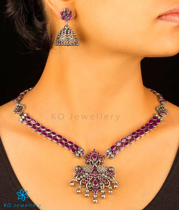 The Galavrata Silver Kempu Peacock Necklace (Oxidised)