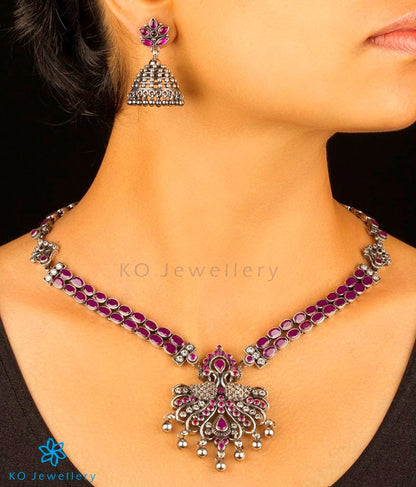 The Galavrata Silver Kempu Peacock Necklace (Oxidised)