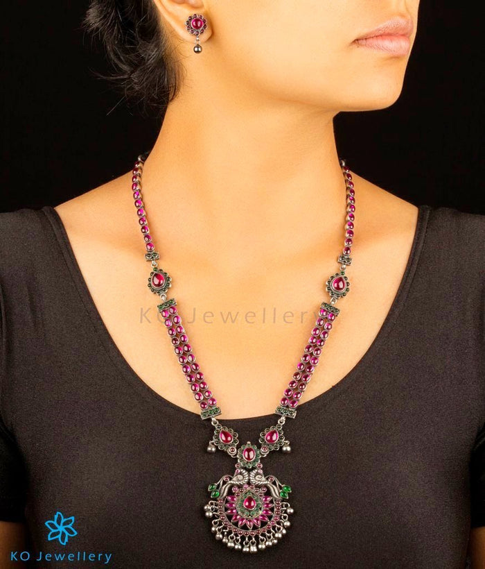 The Kumaravahin Silver Peacock Kempu Necklace (Oxidised)