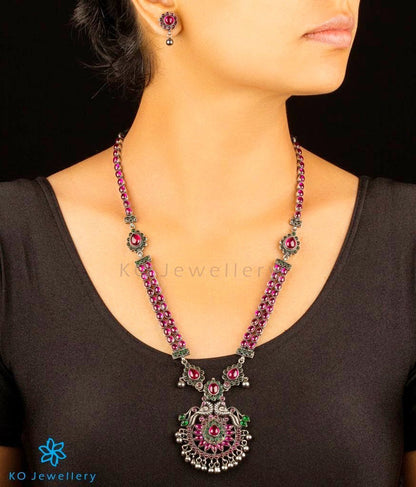 The Kumaravahin Silver Peacock Kempu Necklace (Oxidised)
