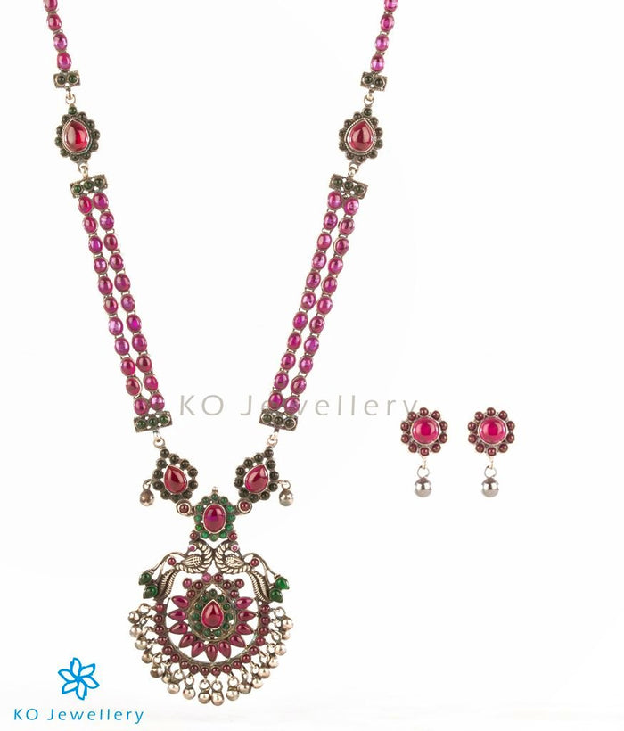 The Kumaravahin Silver Peacock Kempu Necklace (Oxidised)