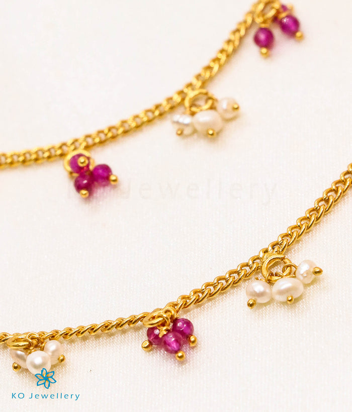 The Pearl & Red Drops Silver Ear chain (Single Layer)