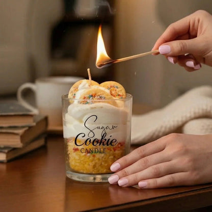 Woman with powder pink nails lights a sugar cookie themed candle on a cozy table.