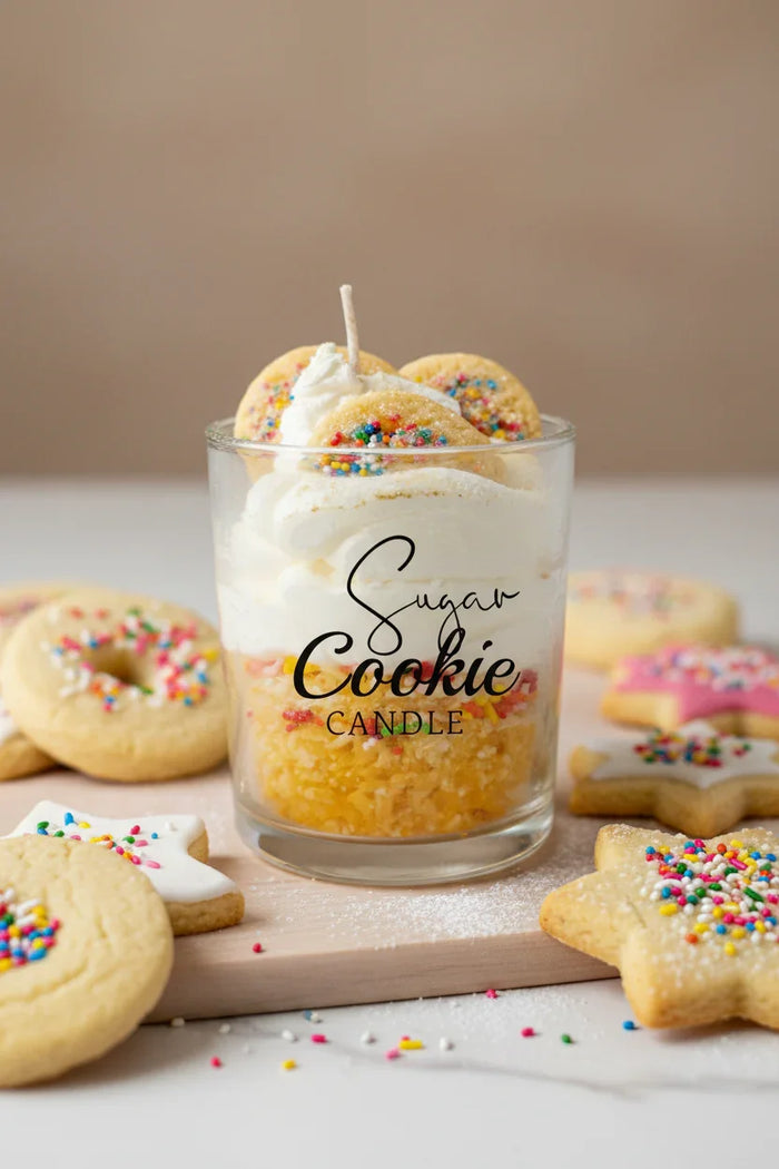 Sugar cookie candle in a glass jar with whipped wax and colorful sprinkles, surrounded by cookies.