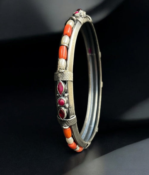 The Urvashi Silver Coral & Pearl Kemp Bangle-Single (Oxidised/Size /2.2/2.4/2.6/2.8)