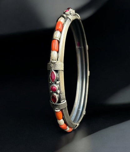 The Urvashi Silver Coral & Pearl Kemp Bangle-Single (Oxidised/Size /2.2/2.4/2.6/2.8)
