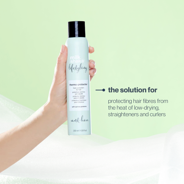 Hand holding a bottle of milk_shake  thermo-protector with text on a green background