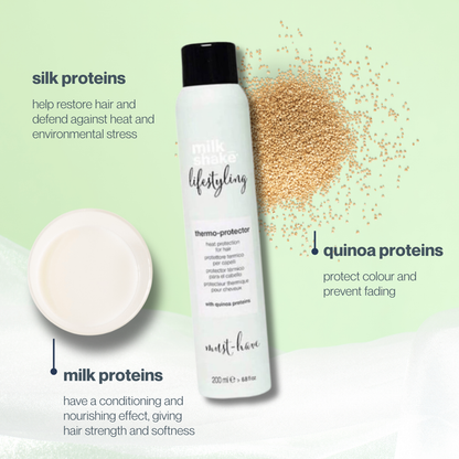 milk_shake  Hair care product with text about silk, quinoa, and milk proteins on a light green background
