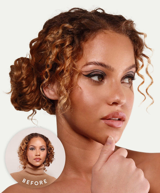 A woman with curly hair in a low twisted bun using Perfect Locks Tight Curly Clip-In Ponytail Extensions looks to the side. Inset: her before look with short, loose curls and a brown turtleneck.