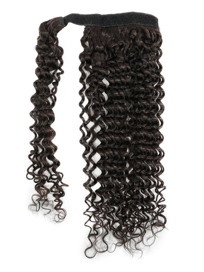 A luxurious clip-in hair extension featuring long, dark brown, tightly curled strands with a secure black band at the top for easy styling.