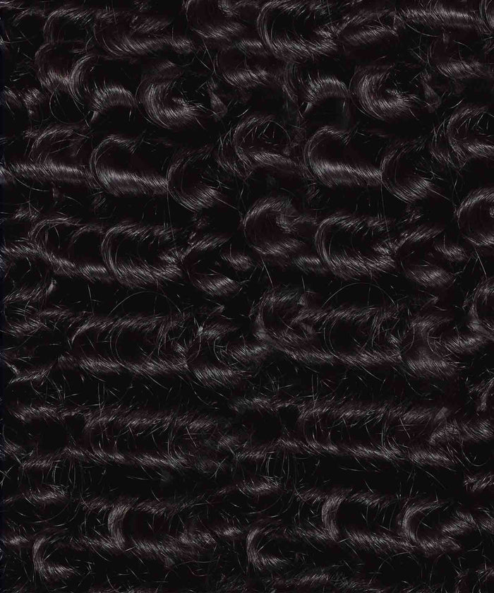 Close-up view of dark, tightly coiled curly hair strands in neat rows, highlighting the natural texture and shine of the curls.