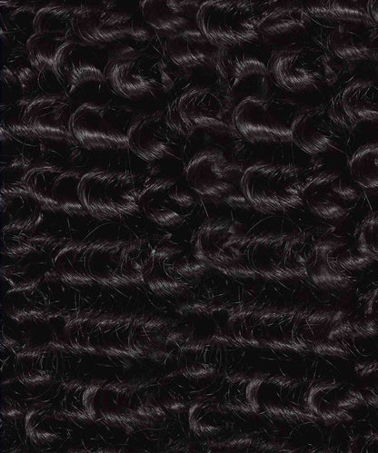 Close-up view of dark, tightly coiled curly hair strands in neat rows, highlighting the natural texture and shine of the curls.