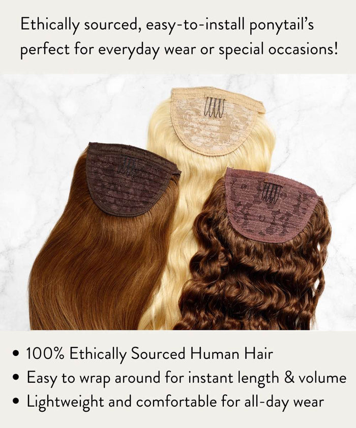The Perfect Locks Tight Curly Clip-In Ponytail Extensions on a white background, showing secure lace and clip bases; ethically sourced and simple to install.