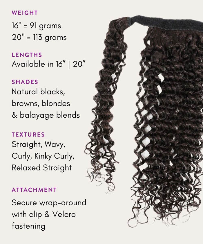 Perfect Locks Tight Curly Clip-In Ponytail Extensions shown vertically, with various weights, lengths, shades, and textures, plus a secure wrap-around clip attachment.