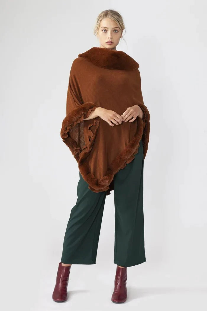 Toffee Brown Faux Fur Trim Poncho - Franklins