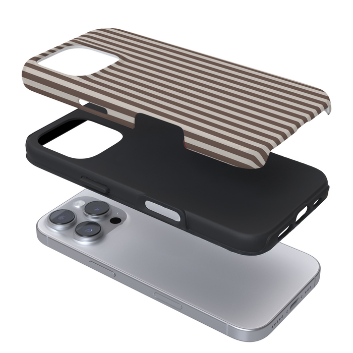 Expanded view of a phone case with a brown striped pattern on a white background