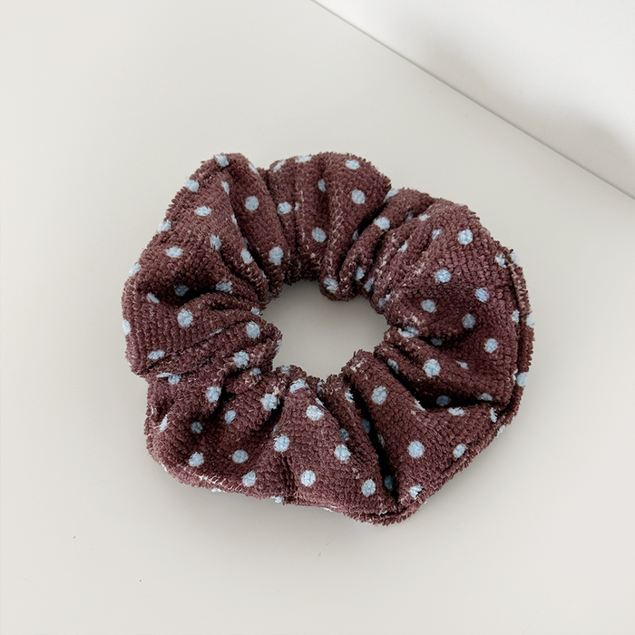 Brown & blue polka dot design Scrunchie in towel material.