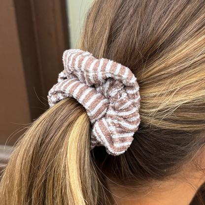 Coconut Lane TOWEL Scrunchie in chestnut stripes, towel-textured, shown securing ponytails in blonde and brown hair.