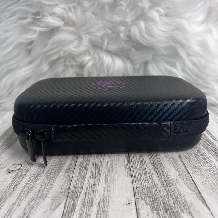 Travel Size Fancy Band Storage Case Two Colors Available — Case made of PU leather, Nylon, Multi spandex, Lycra Dimensions are W 8 1/2" x L 8 1/2" x H 2 1/4" This item is storage case only bands no...