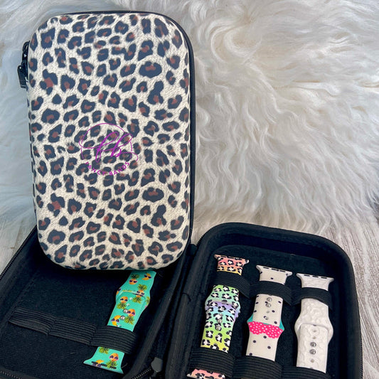 Travel Size Leopard Print Fancy Band Storage Case — Case made of PU leather, Nylon, Multi spandex, Lycra Dimensions are W 8 1/2" x L 5 1/2" x H 2 1/4" This item is storage case only bands not inclu...