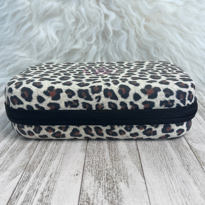 Travel Size Leopard Print Fancy Band Storage Case — Case made of PU leather, Nylon, Multi spandex, Lycra Dimensions are W 8 1/2" x L 5 1/2" x H 2 1/4" This item is storage case only bands not inclu...