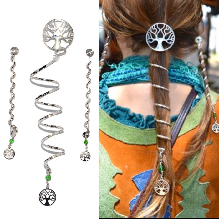 Tree of Life complete silver ponytail wrap set with spiral hair wrap and dangling charm accessories, shown with styled braid on model