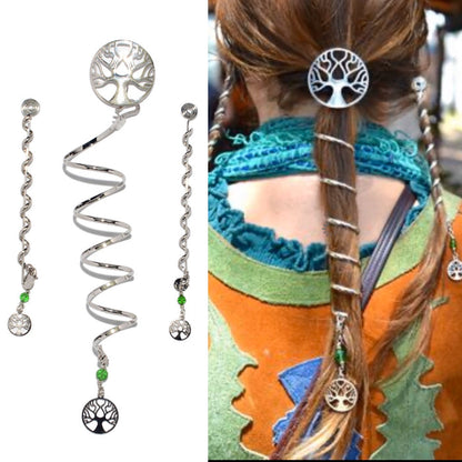 Tree of Life complete silver ponytail wrap set with spiral hair wrap and dangling charm accessories, shown with styled braid on model
