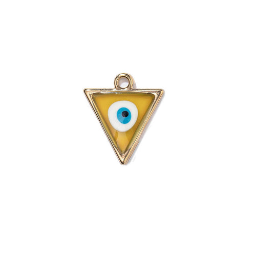 Triangular pendant with an evil eye design on a white background