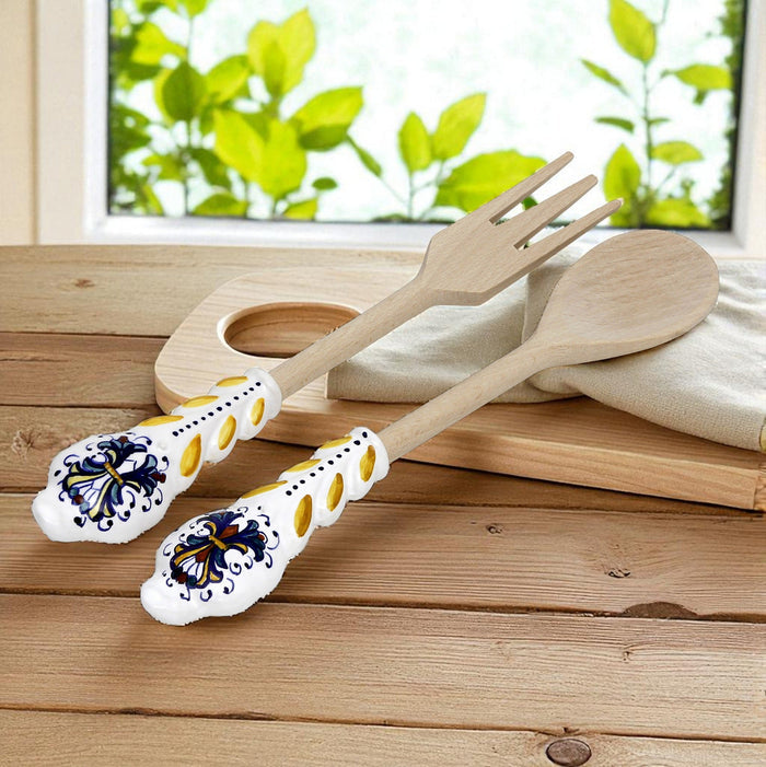 UTENSIL SET: RICCO DERUTA Design - Hard Wood with Hand Painted Ceramic Handle (Pair Set)
