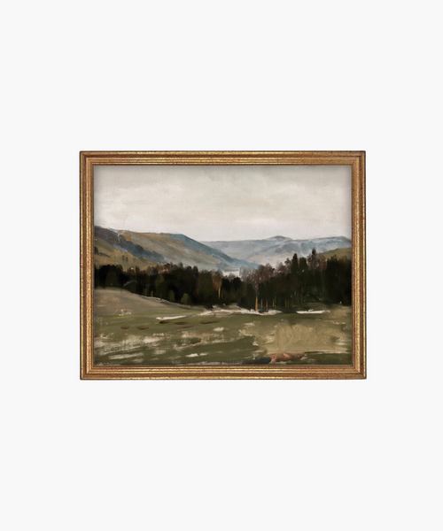 Framed landscape painting of rolling hills, distant mountains, and a forest under a cloudy sky. The scene conveys a peaceful, serene atmosphere. | Wildwood Home Co.