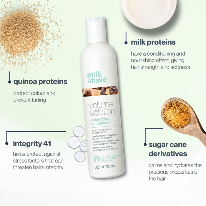 milk_shake  Volume Solution conditioner bottle with text about ingredients on a light green background