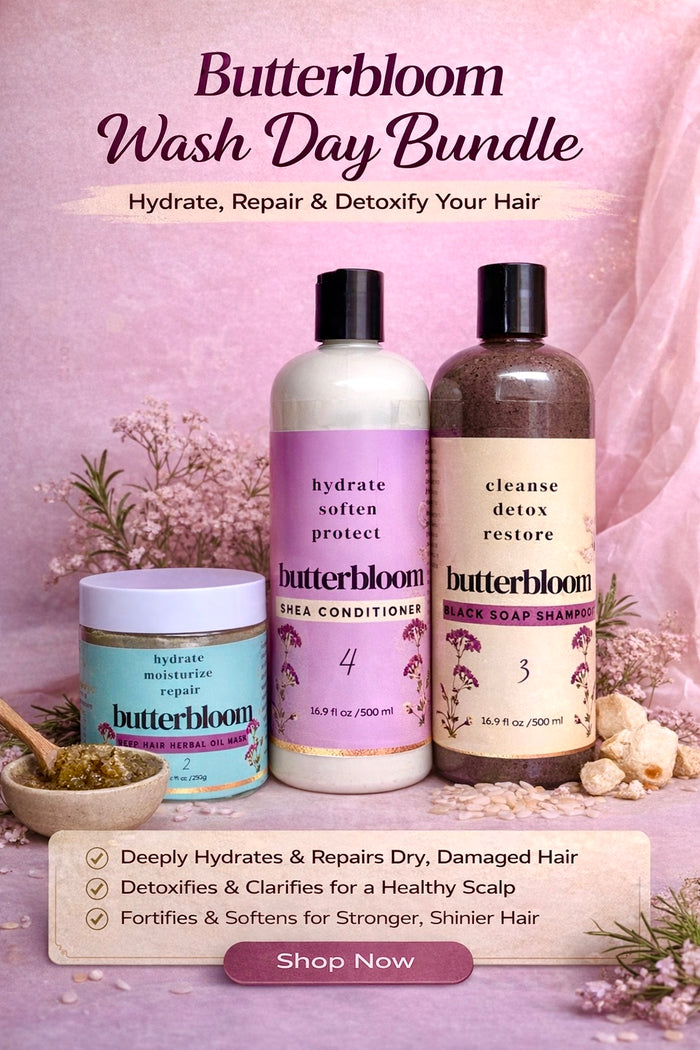 Butterbloom Wash Day Bundle 3 with shampoo, conditioner, and hair mask in colorful bottles on a white background.