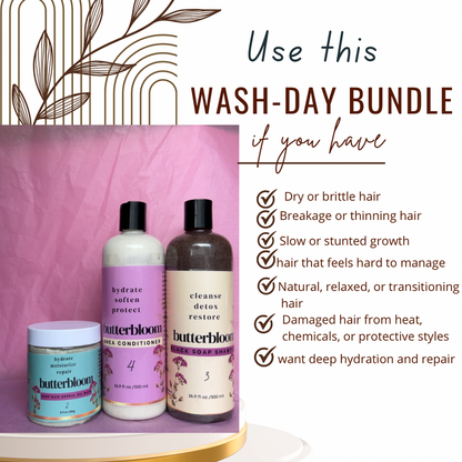 Butterbloom Wash Day Bundle 3 with shampoo, conditioner, and body wash bottles on a clean bathroom shelf.