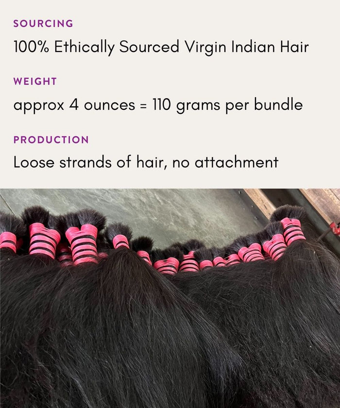 Bundles of Perfect Locks Wavy Bulk Hair for Braiding, 4 oz each, side by side. Loose virgin Indian strands tied with pink bands.