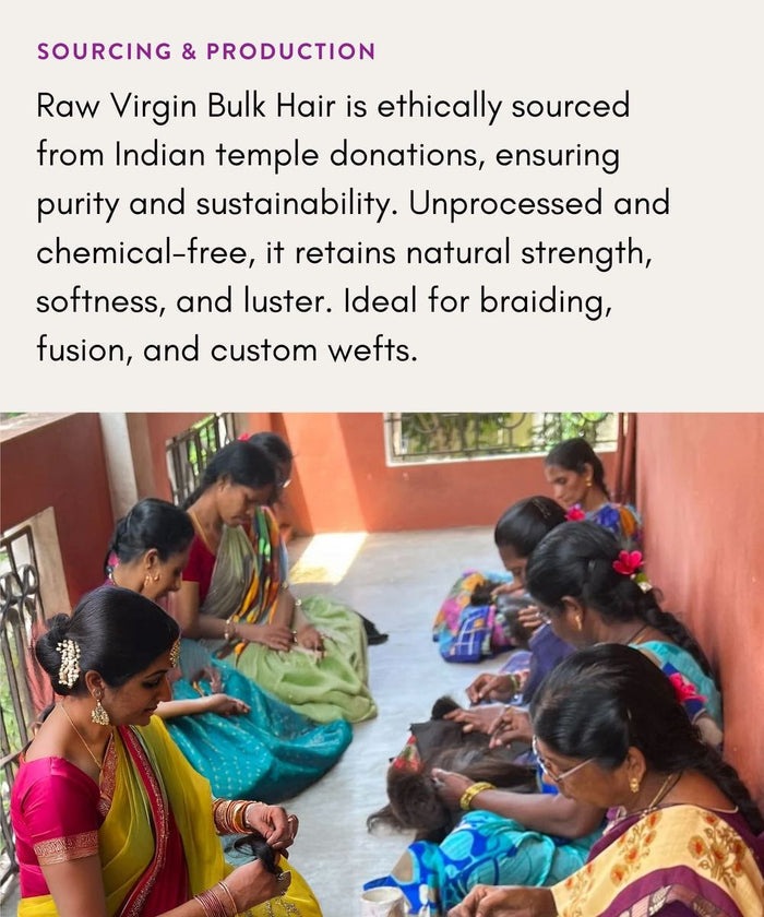 Women in colorful saris sort and prepare donated Indian hair, illustrating the ethical sourcing behind Perfect Locks’ Wavy Bulk Hair for Braiding.