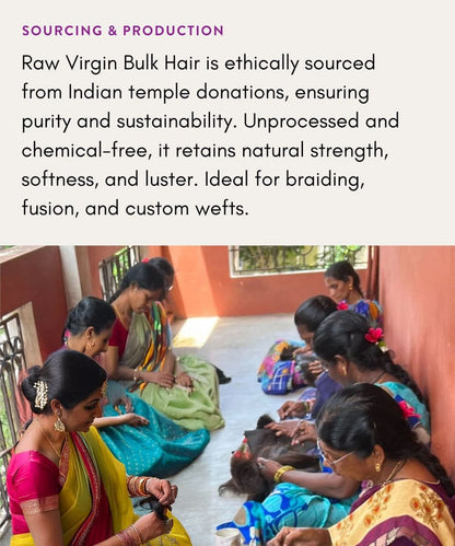 Women in colorful saris sort and prepare donated Indian hair, illustrating the ethical sourcing behind Perfect Locks’ Wavy Bulk Hair for Braiding.
