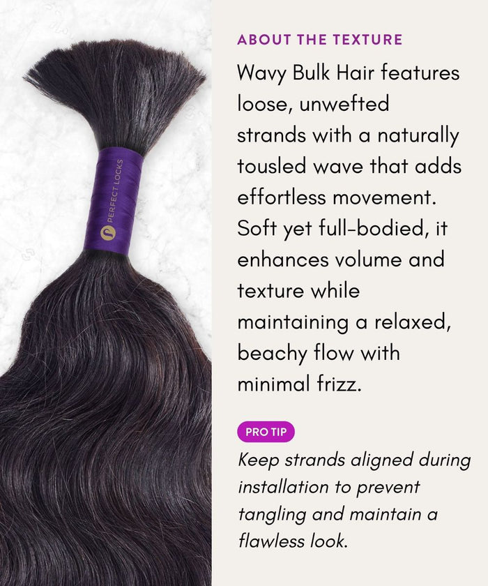 On the left is Perfect Locks’ Wavy Bulk Hair for Braiding with a purple band, showcasing natural, voluminous waves. On the right, a tip is shared to keep strands aligned during installation.
