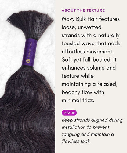 On the left is Perfect Locks’ Wavy Bulk Hair for Braiding with a purple band, showcasing natural, voluminous waves. On the right, a tip is shared to keep strands aligned during installation.