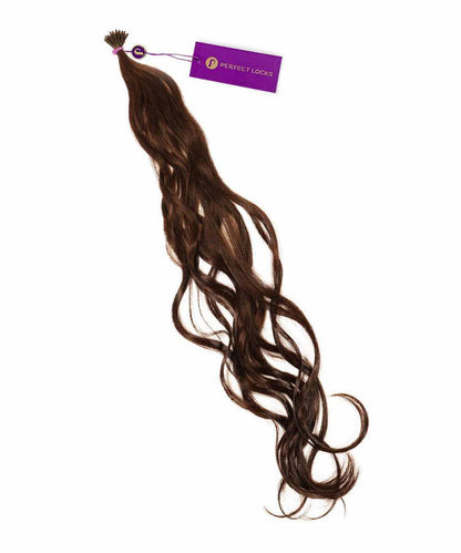 A bundle of long, wavy natural black human hair extensions labeled "Perfect Locks Wavy Fusion I-Tip Hair" with a purple tag.#color_chocolate-brown-(3)